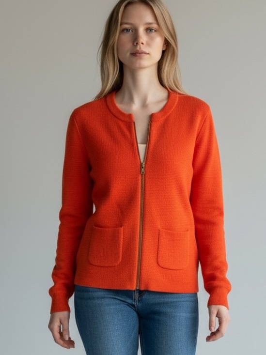 LOFT Sweaters - LOFT Orange Zip-Front Textured Knit Cardigan